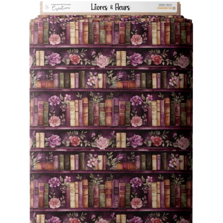 Tissu coton imprimé Livres & Fleurs Prune - Certifié Oeko-Tex®