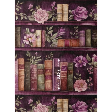 Tissu coton imprimé Livres & Fleurs Prune - Certifié Oeko-Tex®