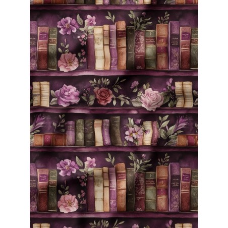 Tissu coton imprimé Livres & Fleurs Prune - Certifié Oeko-Tex®