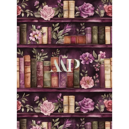 Tissu coton imprimé Livres & Fleurs Prune - Certifié Oeko-Tex®