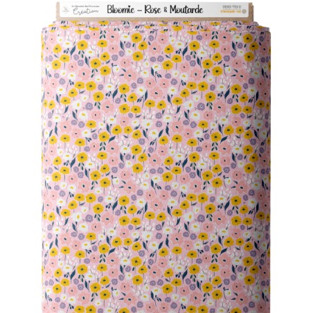 Tissu coton imprimé Fleurs Bloomie – Rose & Moutarde - Certifié Oeko-Tex®