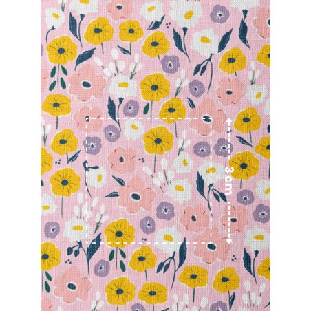 Tissu coton imprimé Fleurs Bloomie – Rose & Moutarde - Certifié Oeko-Tex®