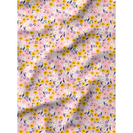 Tissu coton imprimé Fleurs Bloomie – Rose & Moutarde - Certifié Oeko-Tex®