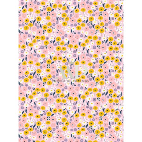 Tissu coton imprimé Fleurs Bloomie – Rose & Moutarde - Certifié Oeko-Tex®