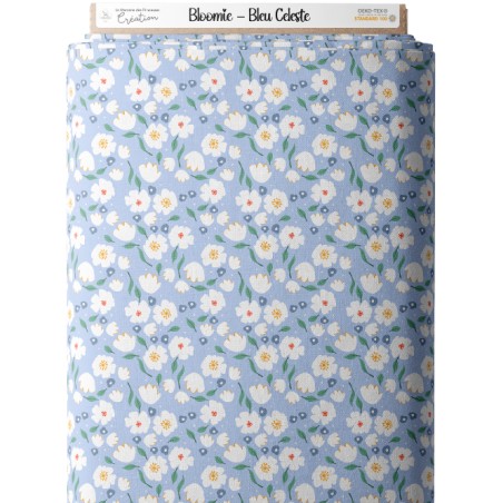 Tissu coton imprimé Fleurs Bloomie – Bleu Céleste - Certifié Oeko-Tex®