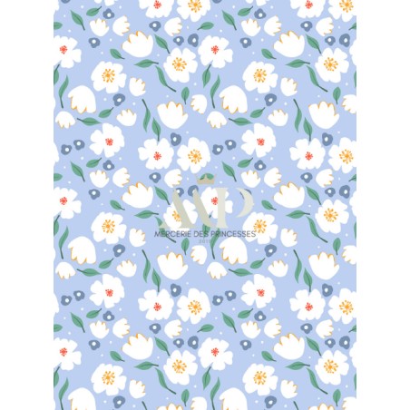 Tissu coton imprimé Fleurs Bloomie – Bleu Céleste - Certifié Oeko-Tex®