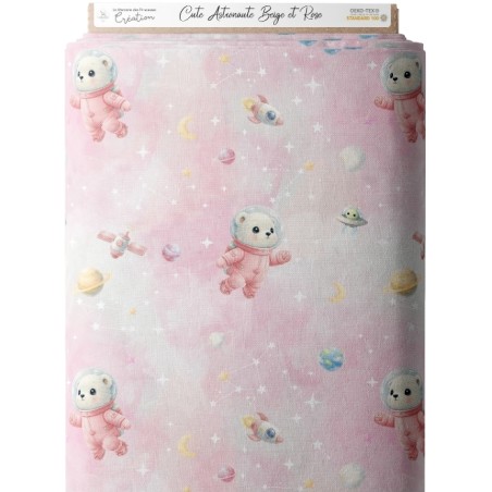 Tissu "Ourson astronaute Rose" – Motif ours- Certifié Oeko-Tex®