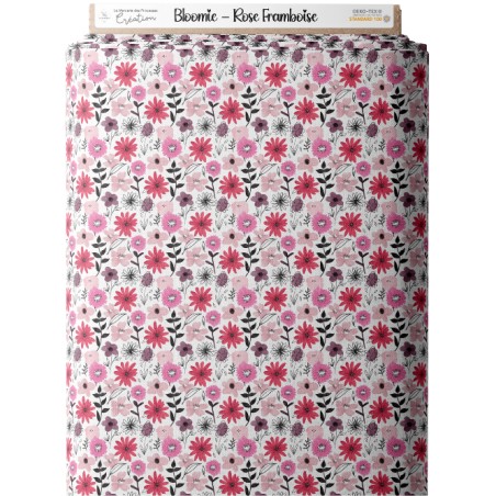 Tissu coton imprimé Fleurs Bloomie – Rose Framboise - Certifié Oeko-Tex®