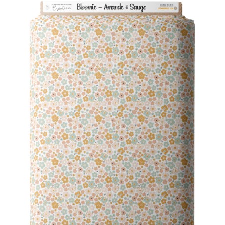 Tissu coton imprimé Fleurs Bloomie – Amande & Sauge - Certifié Oeko-Tex®
