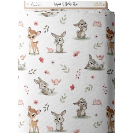 Tissu coton imprimé pour enfants Lapin et Biche Rose- Certifié Oeko-Tex®