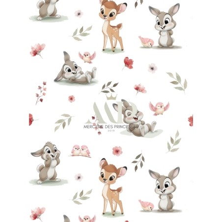 Tissu coton imprimé pour enfants Lapin et Biche Rose- Certifié Oeko-Tex®