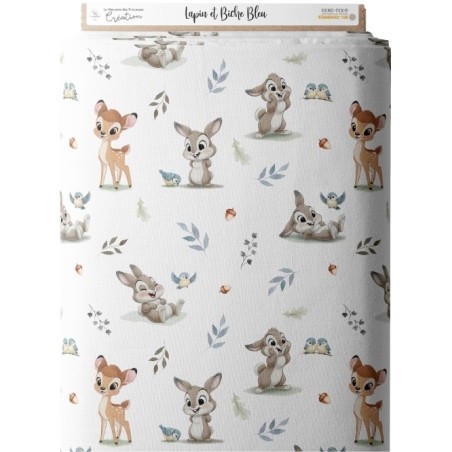 Tissu coton imprimé pour enfants Lapin et Biche Bleu- Certifié Oeko-Tex®