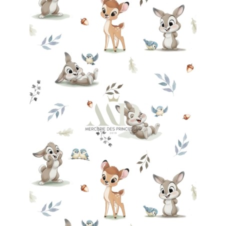 Tissu coton imprimé pour enfants Lapin et Biche Bleu- Certifié Oeko-Tex®