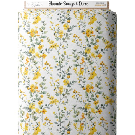 Tissu coton imprimé Fleurs Bloomie – Sauge & Dorée - Certifié Oeko-Tex®