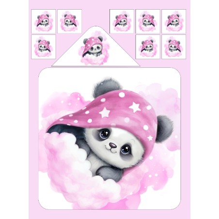 Coupon cape de bain Panda dans les Nuages Rose + 8 lingettes lavables – Oeko-Tex – kit couture facile, cadeau naissance