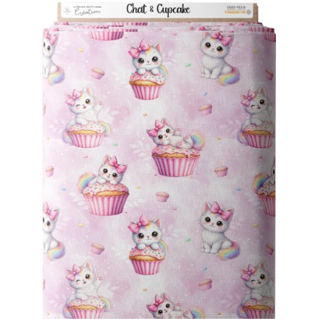 Tissu coton “Chat Cupcake” – chaton, kawaii, gourmands - Certifié Oeko-Tex®