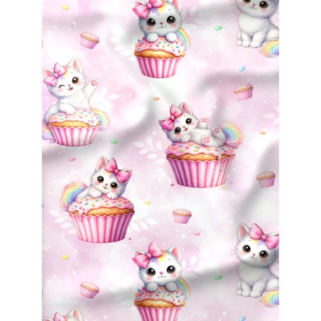 Tissu coton “Chat Cupcake” – chaton, kawaii, gourmands - Certifié Oeko-Tex®