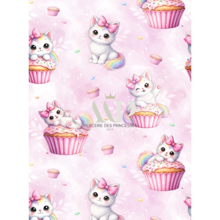 Tissu coton “Chat Cupcake” – chaton, kawaii, gourmands - Certifié Oeko-Tex®
