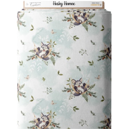 Tissu coton bébé “Husky Hamac” – chien gris aquarelle - Certifié Oeko-Tex®