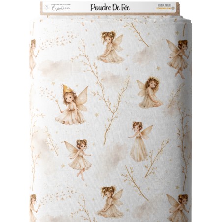 Tissu coton bébé “Poussière De Fée” – Motif fée beige aquarelle - Certifié Oeko-Tex®