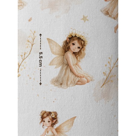 Tissu coton bébé “Poussière De Fée” – Motif fée beige aquarelle - Certifié Oeko-Tex®