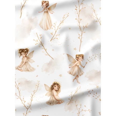 Tissu coton bébé “Poussière De Fée” – Motif fée beige aquarelle - Certifié Oeko-Tex®
