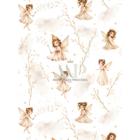 Tissu coton bébé “Poussière De Fée” – Motif fée beige aquarelle - Certifié Oeko-Tex®