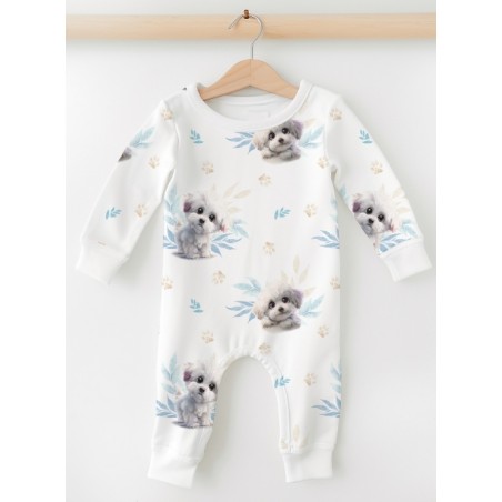 Tissu coton bébé “Petit Bichon Bleu” – Motif chien aquarelle - Certifié Oeko-Tex®