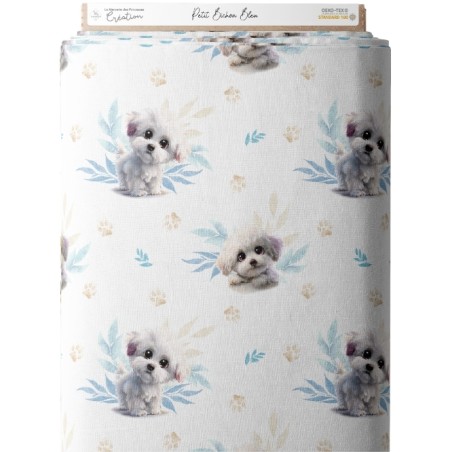 Tissu coton bébé “Petit Bichon Bleu” – Motif chien aquarelle - Certifié Oeko-Tex®