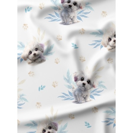 Tissu coton bébé “Petit Bichon Bleu” – Motif chien aquarelle - Certifié Oeko-Tex®