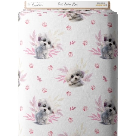 Tissu coton bébé “Petit Bichon Rose” – Motif chien aquarelle - Certifié Oeko-Tex®
