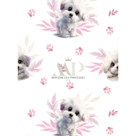 Tissu coton bébé “Petit Bichon Rose” – Motif chien aquarelle - Certifié Oeko-Tex®