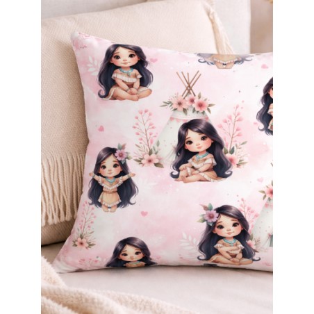 Tissu coton “Petite Indienne Bohème” – tipi, fleurs et fillette aquarelle – Certifié Oeko-Tex®