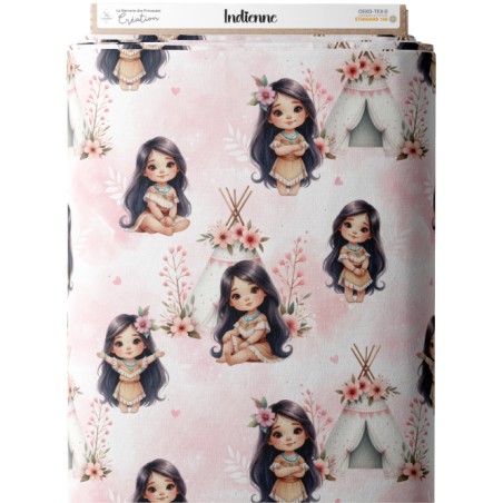 Tissu coton “Petite Indienne Bohème” – tipi, fleurs et fillette aquarelle – Certifié Oeko-Tex®