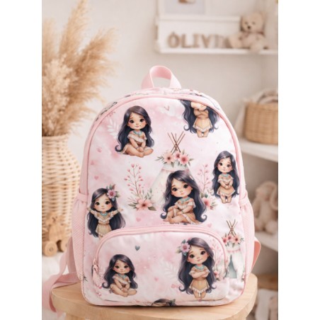 Tissu coton “Petite Indienne Bohème” – tipi, fleurs et fillette aquarelle – Certifié Oeko-Tex®