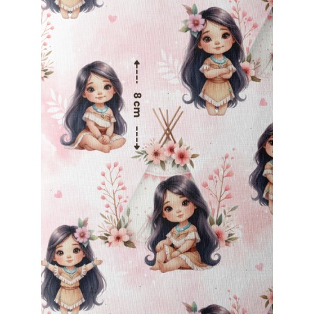Tissu coton “Petite Indienne Bohème” – tipi, fleurs et fillette aquarelle – Certifié Oeko-Tex®
