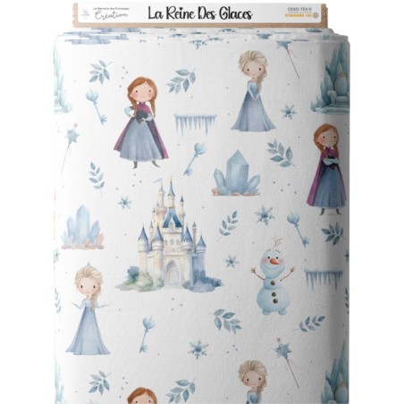 Tissu coton “La Reine Des Glaces” – château, cristaux et fillette hivernale aquarelle – Certifié Oeko-Tex®