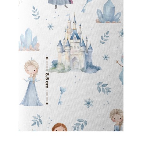 Tissu coton “La Reine Des Glaces” – château, cristaux et fillette hivernale aquarelle – Certifié Oeko-Tex®