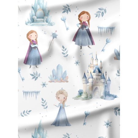 Tissu coton “La Reine Des Glaces” – château, cristaux et fillette hivernale aquarelle – Certifié Oeko-Tex®