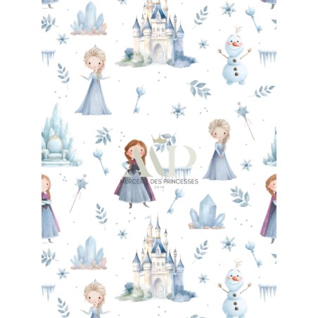 Tissu coton “La Reine Des Glaces” – château, cristaux et fillette hivernale aquarelle – Certifié Oeko-Tex®