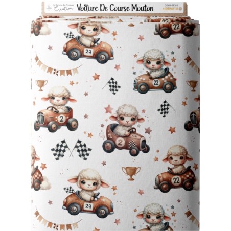 Tissu coton “Voiture de Course Mouton” – Motif petits moutons pilotes vintage – Certifié Oeko-Tex®
