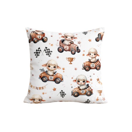 Tissu coton “Voiture de Course Mouton” – Motif petits moutons pilotes vintage – Certifié Oeko-Tex®