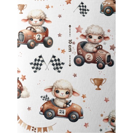 Tissu coton “Voiture de Course Mouton” – Motif petits moutons pilotes vintage – Certifié Oeko-Tex®
