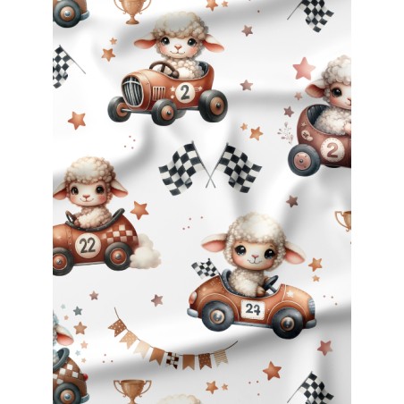 Tissu coton “Voiture de Course Mouton” – Motif petits moutons pilotes vintage – Certifié Oeko-Tex®