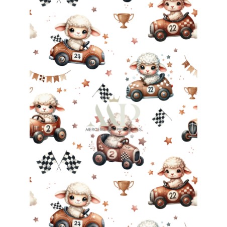 Tissu coton “Voiture de Course Mouton” – Motif petits moutons pilotes vintage – Certifié Oeko-Tex®