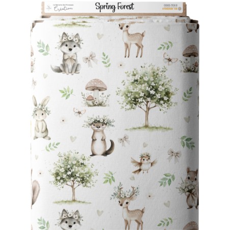 Tissu coton “Spring Forest” – animaux de la forêt, fleurs et arbre printanier aquarelle – Certifié Oeko-Tex®