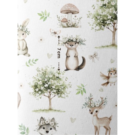 Tissu coton “Spring Forest” – animaux de la forêt, fleurs et arbre printanier aquarelle – Certifié Oeko-Tex®