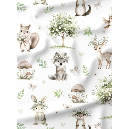 Tissu coton “Spring Forest” – animaux de la forêt, fleurs et arbre printanier aquarelle – Certifié Oeko-Tex®
