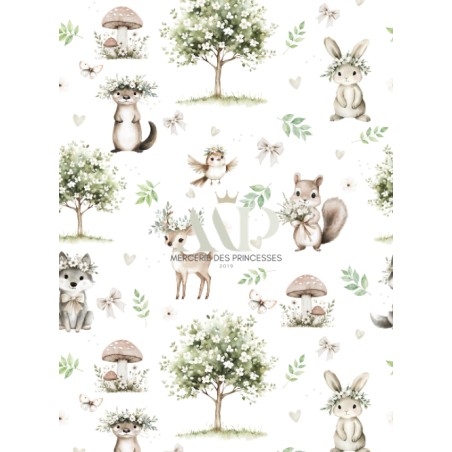Tissu coton “Spring Forest” – animaux de la forêt, fleurs et arbre printanier aquarelle – Certifié Oeko-Tex®
