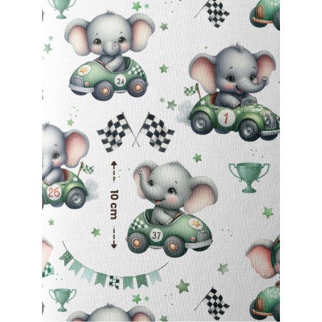 Tissu coton “Voiture de Course Elephant” – Motif petits éléphants pilotes vintage – Certifié Oeko-Tex®